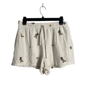 Hem & Thread Cottagecore Shorts Large White Embroidered Floral Linen Blend Boho